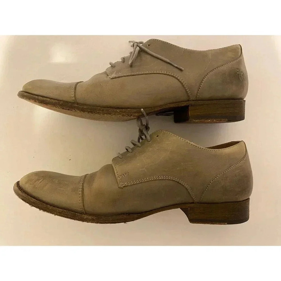 Frye Men’s Leather Dress Shoes Derby Sz 11 D Gray Beige  Distressed Capped Toe - Picture 10 of 13
